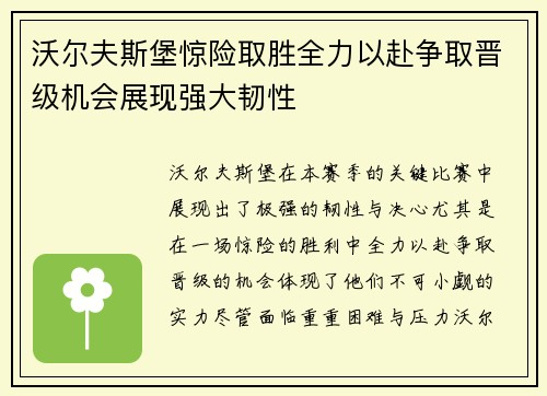 沃尔夫斯堡惊险取胜全力以赴争取晋级机会展现强大韧性