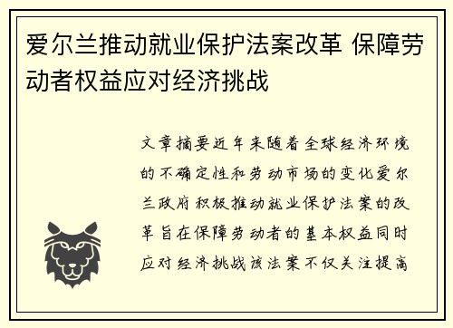 爱尔兰推动就业保护法案改革 保障劳动者权益应对经济挑战