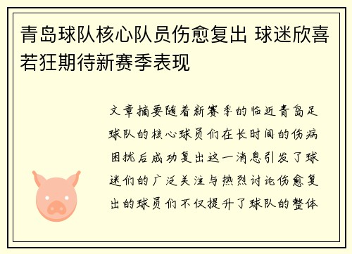 青岛球队核心队员伤愈复出 球迷欣喜若狂期待新赛季表现